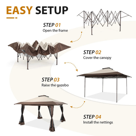 JOIVI 13'x13?Patio Gazebo, Outdoor Pop up Gazebo, Canopy Gazebo Tent Shelter with Mosquito Netting, Beige & Brown