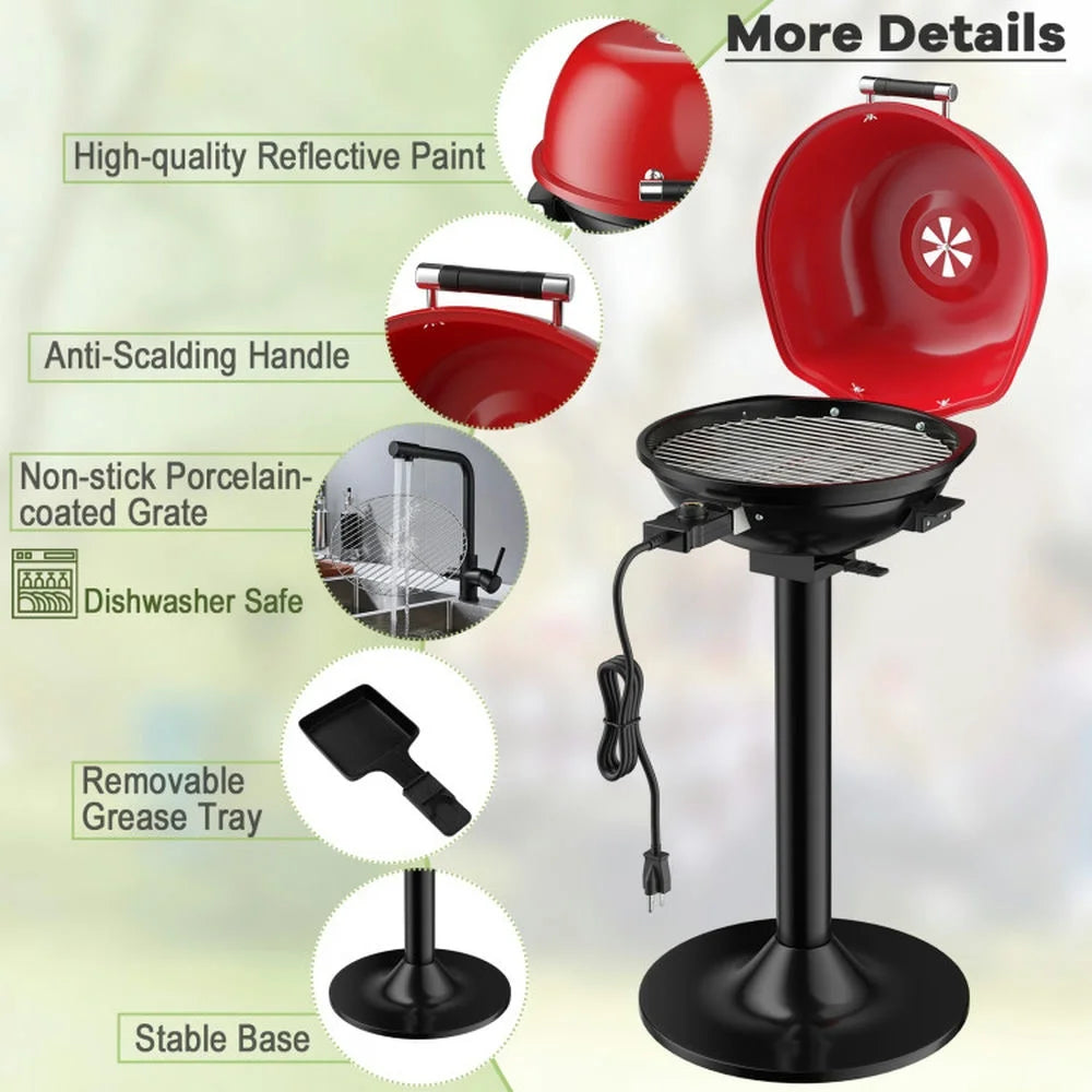 Aimee Lii 1600W Portable Electric BBQ Grill with Removable Non-Stick Rack, BBQ Grill for Outdoor Cooking Kitchen, Garden and Patio Backyard Barbecue-Black & Red