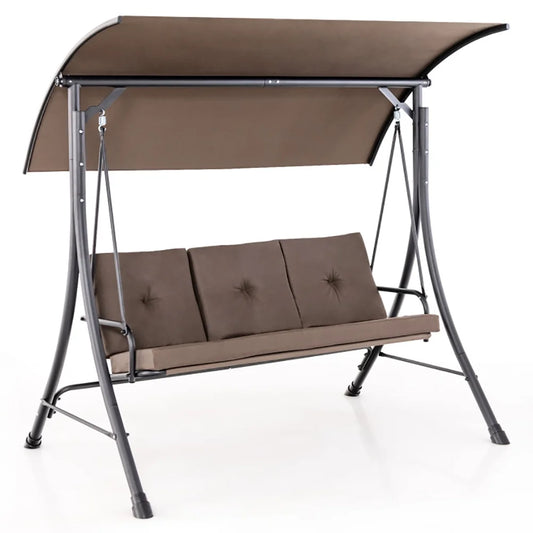 Yardi Yard 3-Seat Outdoor Porch Swing with Adjustable Canopy and Padded Cushions-Brown for Front Porch, Poolside, Patio, Backyard