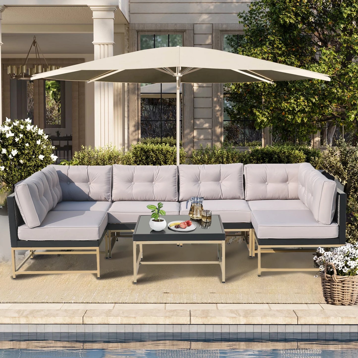 7 Pieces Patio Funiture Set, Outdoor Furniture Sectional Sofa Set,Manual Wicker Rattan Patio Conversation Set Heavy-duty Frame, with Cushions and Table, Gray