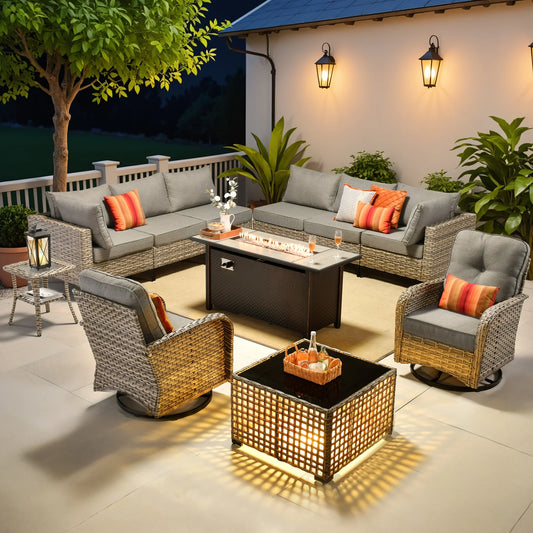 Ovios 11 Pieces Patio Outdoor Furniture Conversation Set with 54" Fire Pit Wicker Outdoor Sectional with Swivel Chair & Solar-Powered Table