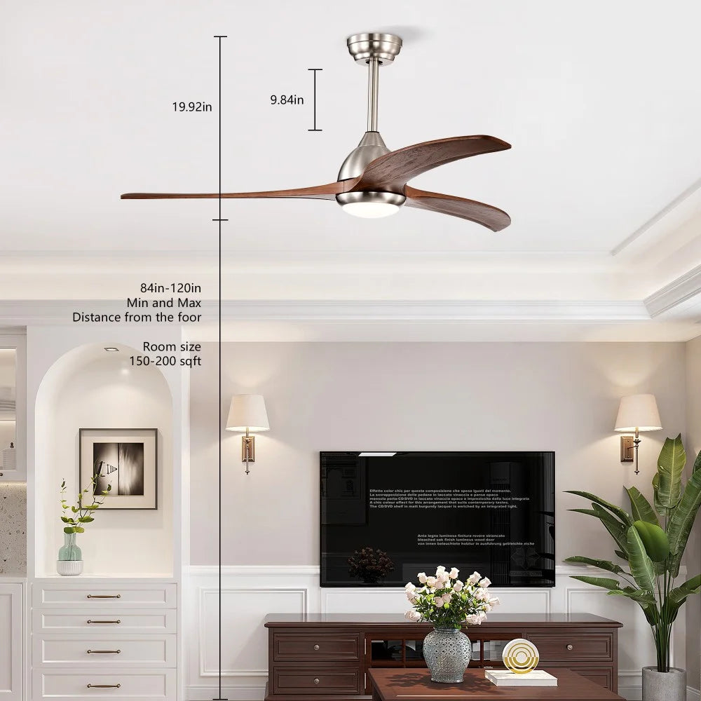 IVV 52 Inch Classic Flush Mount LED Ceiling Fan with Light, Remote Control, Reversible Motor, 6 Speed, 3 Wooden Blades for Bedroom Living Room Patio - Walnut