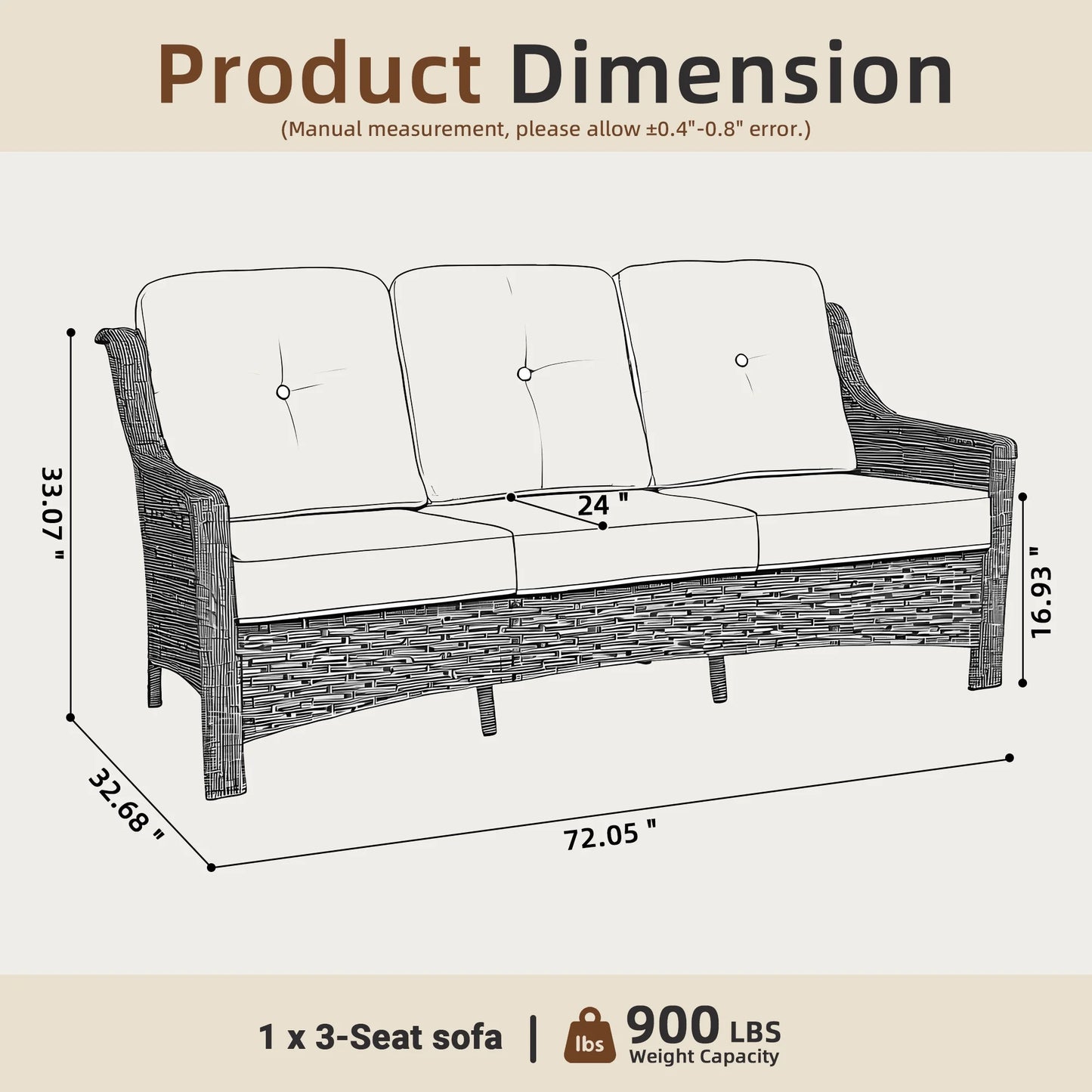 Ovios Outdoor Patio Sofa 3-Seater with Cushions All-Weather Wicker Rattan Couch for Garden, Porch, or Backyard