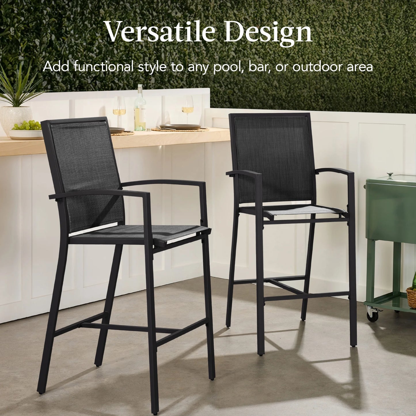 Best Choice Products Outdoor Barstools Set of 2, Bar Height Patio Chairs w/All-Weather Mesh - Black/Black