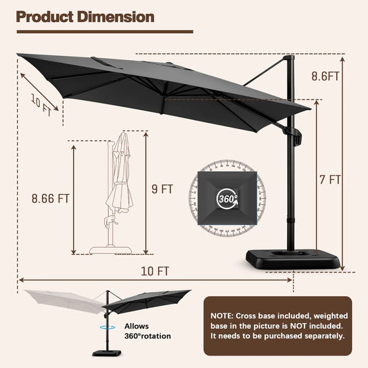 COBIZI 10' X 10' Patio Cantilever Umbrella Outdoor Offset Rectangle Umbrella with 360-degree Rotation for Deck Pool Garden,DarkGrey