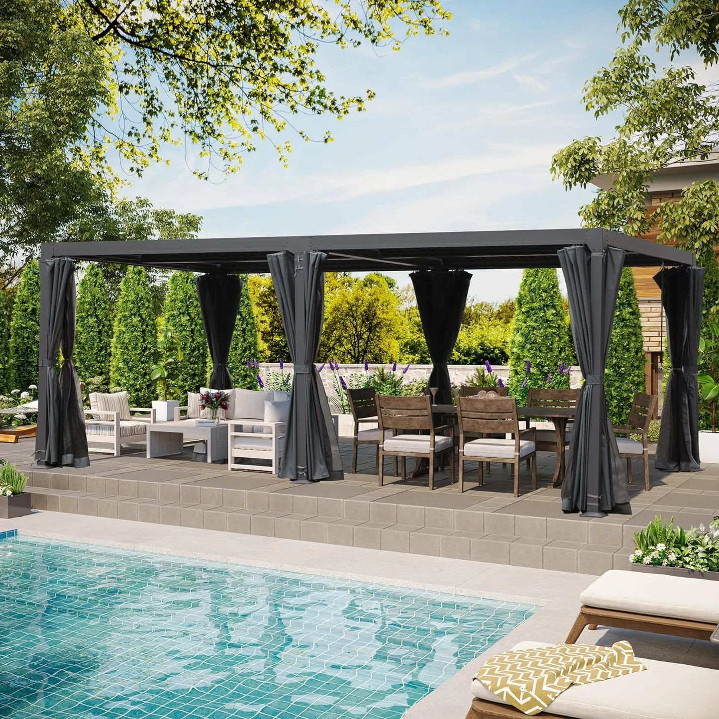 GAZEBETER 12' x 20' Louvered Pergola, Outdoor Aluminium Pergola with Adjustable Roof, Curtains and Netting, Hardtop Gazebo for Patio, Deck, Garden, Yard, Beach, White