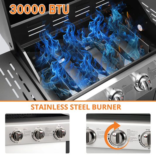 Yardmaster 3-Burner Propane Gas Grill with Side Table, Stainless Steel BBQ Grill Outdoor Cooking with Grates and Warming Rack, 30,000 Btu Barbecue Grill for Patio, Camping