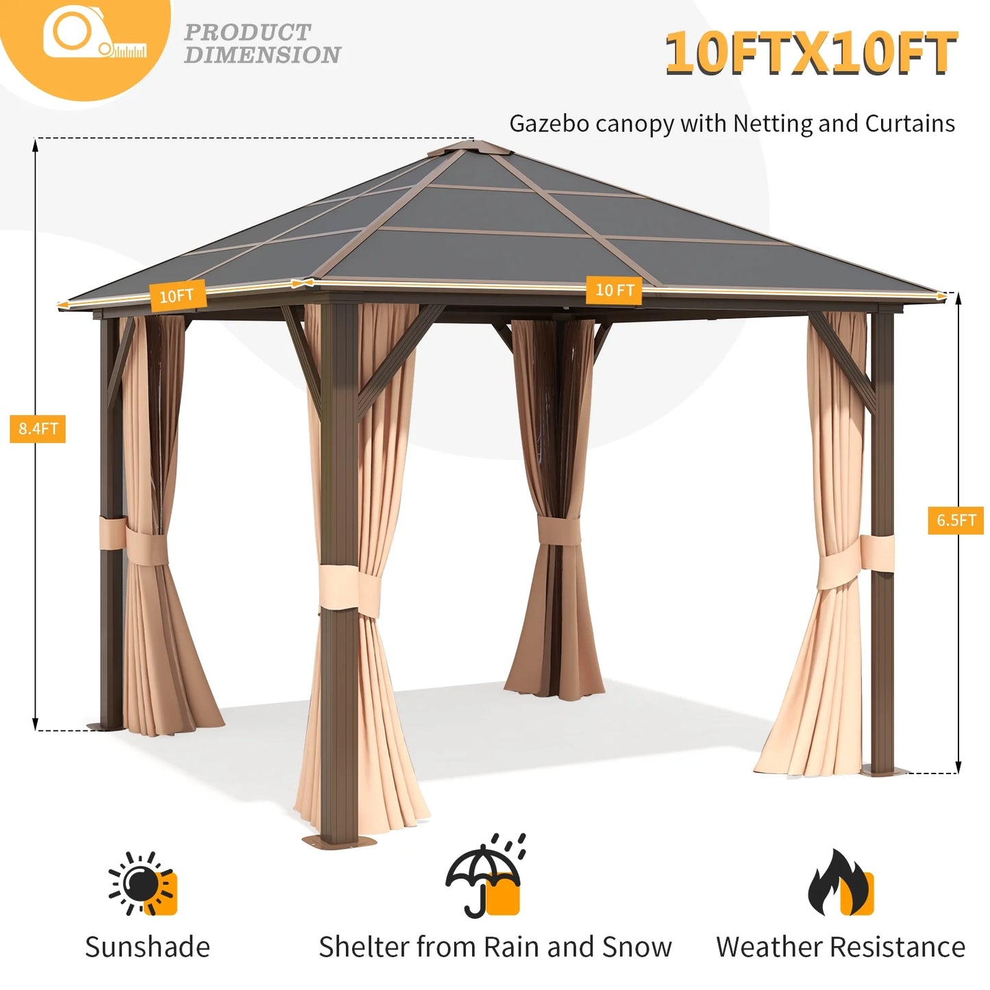 Sunmthink 10x10 Outdoor Hardtop Gazebo, Polycarbonate Single Roof Patio Canopy with Curtains and Netting, Brown