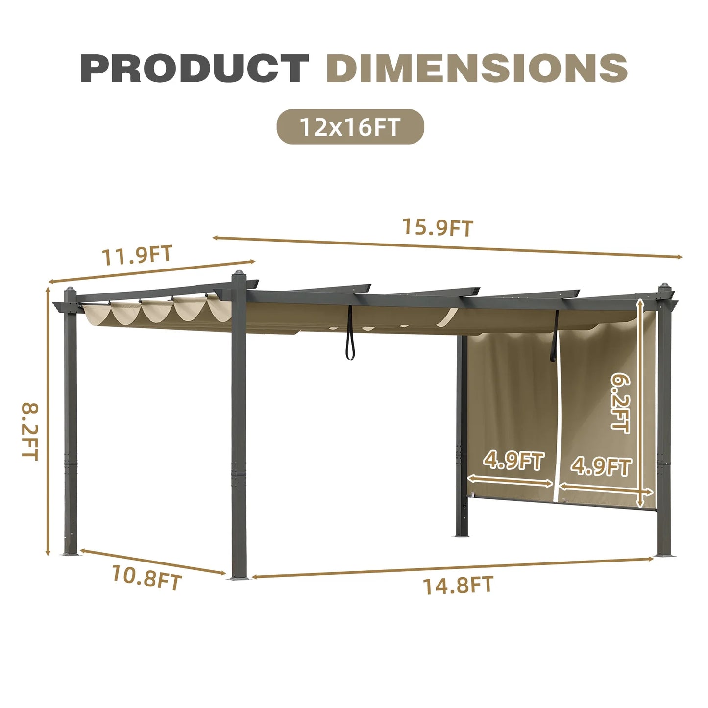 BPS 16' x 12' Outdoor Pergola with Retractable Canopy & Adjustable Sun Shade, Patio Aluminum Pergolas Gazebos, Khaki