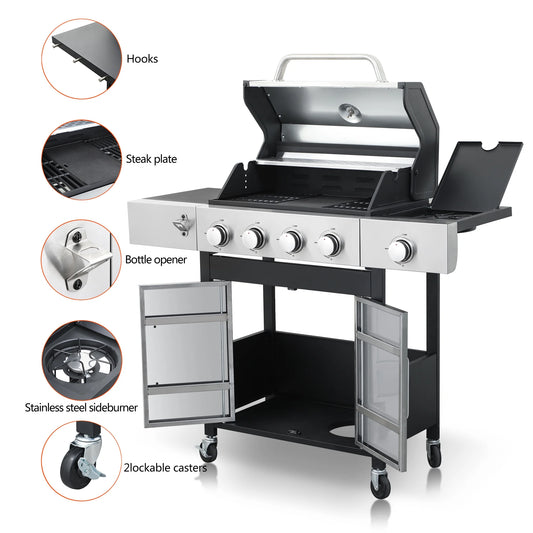 Kosynda 4-Burner Propane Gas BBQ Grill with Side Burner, 46790BTU Stainless Steel Grill Patio Garden Barbecue Grill for Outdoor Cooking, Silver