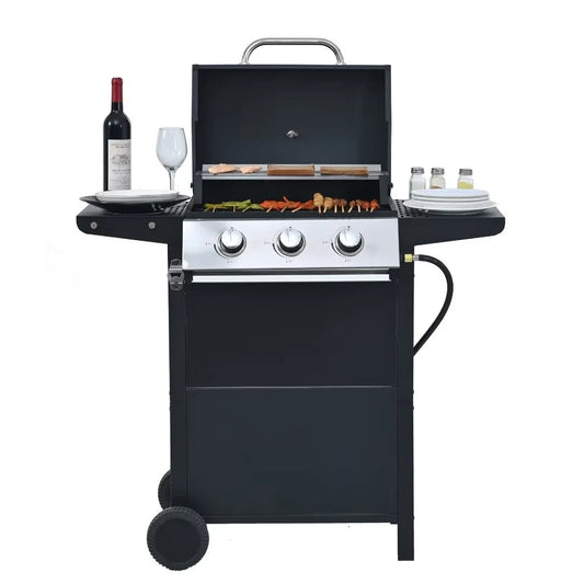 Leuco 3 Burner BBQ Propane Gas Grill, Stainless Steel 25,650 BTU Patio Garden Barbecue Grill with Two Shelves, Lid, Wheels and Bottle Opener