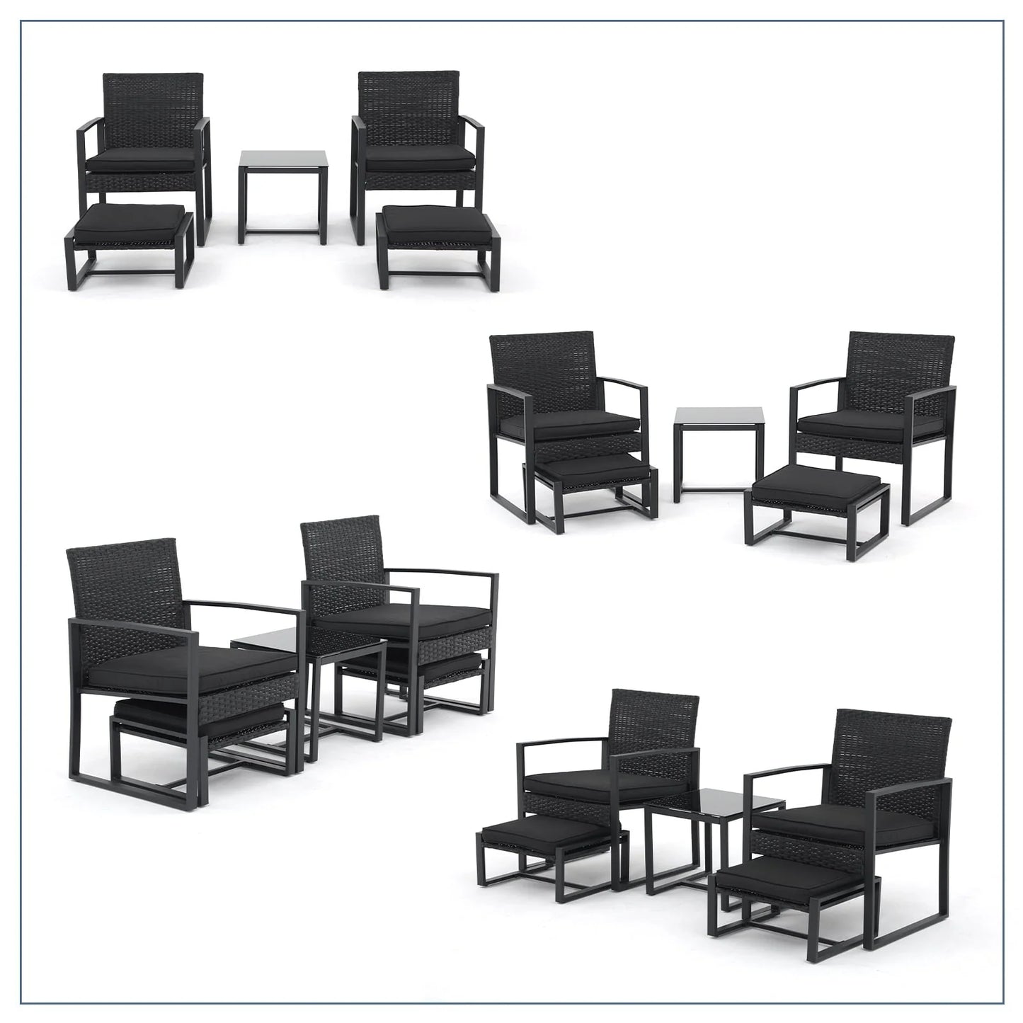 Orange-Casual 5-Piece Outdoor Furniture Set, Patio Steel Wicker Conversation Set, with Ottomans & Soft Washable Cushions, Black