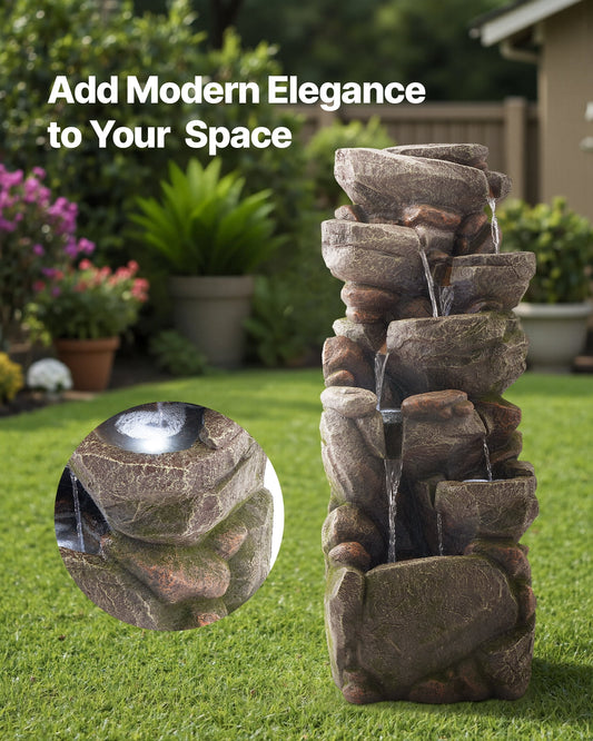 VEVOR Outdoor Water Fountain, 38.98 in Height Fountain and Waterfall, 7-Tier Floor Standing Rock-Shaped Cascading Fountains with LED Light and Pump, for Outdoor Indoor Garden, Home, Patio & Backyard
