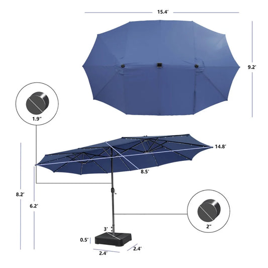 Kepooman Patio Umbrella, Outdoor Market Umbrella, 15 Feet Double-Sided Patio Umbrella with 48 LED Lights-Navy