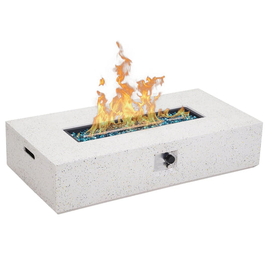 ESSENTIAL LOUNGER 56 inch Concrete Propane Fire Pit Table, 50,000 BTU Outdoor Firepit Rectangular Table for Garden& Patio, with Propane Tank Metal Stand, Fire Glass Beads and Waterproof Cover, White