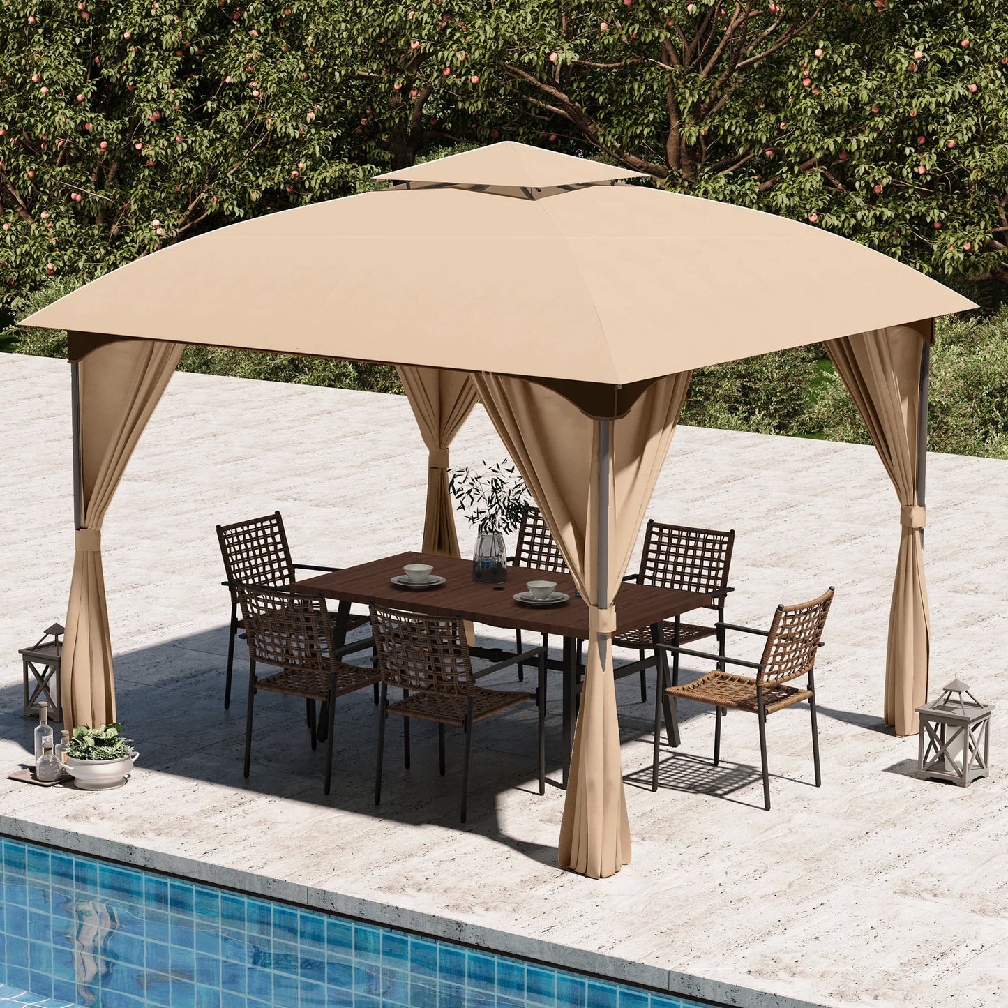 LAUSAINT HOME 10'x10' Patio Gazebo with Privacy Screens & Anchoring Kit, Outdoor Double Roof Metal Frame Gazebo in Khaki