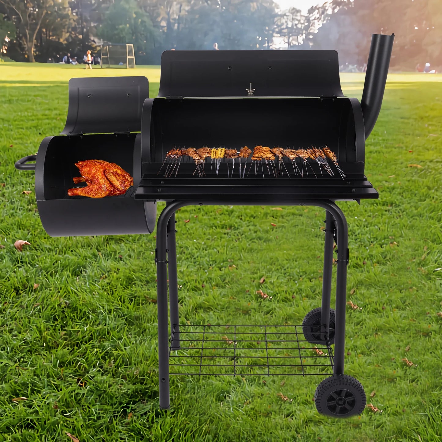 YouLoveIt Outdoor BBQ Grill Charcoal w/Offset Smoker and Wheels for Barbecue Pit Patio Backyard Camping Picnics Black