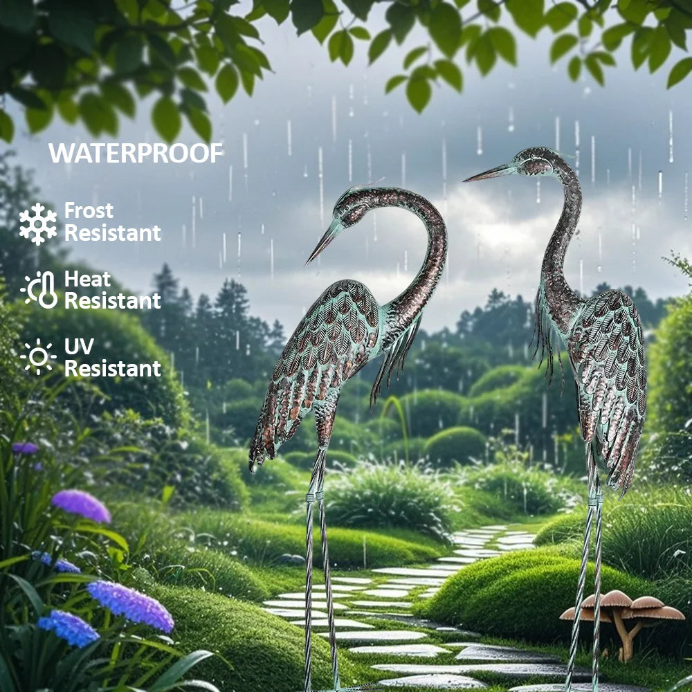Garden Crane Statues, Standing Metal Patina Heron Decoy Outdoor Statue, 42-46 Inch Bird Yard Art for Patio Lawn Pond, Set of 2