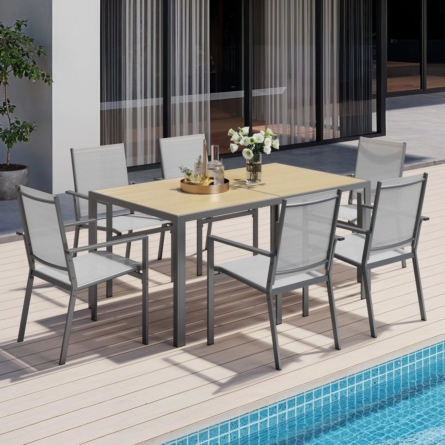 Outdoor Dining Set, Lofka 7 Piece Patio Dining Table Set for 6 Persons with Cool Textilene Armchairs for Backyard & Garden, Brown