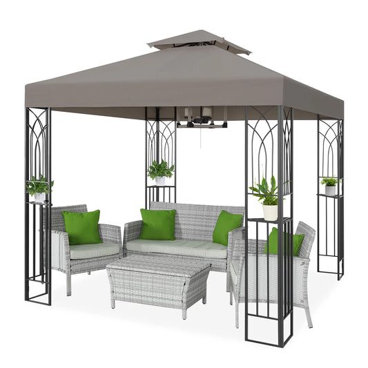 COOS BAY 8x8 Outdoor Patio Gazebo with Corner Shelves, Two-Tier Soft Top Canopy for Backyard, Lawn, Deck and Garden, Gray