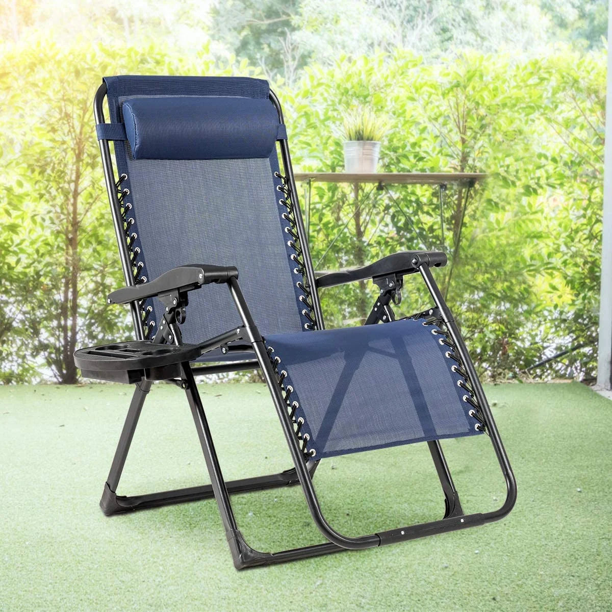 S AFSTAR Chair, Oversized Outdoor Lounge Chair with Cup Holder & Detachable Pillow, Folding Patio Recliner, Lawn Chair for Poolside Backyard Beach, Support 500 Lbs (Navy)