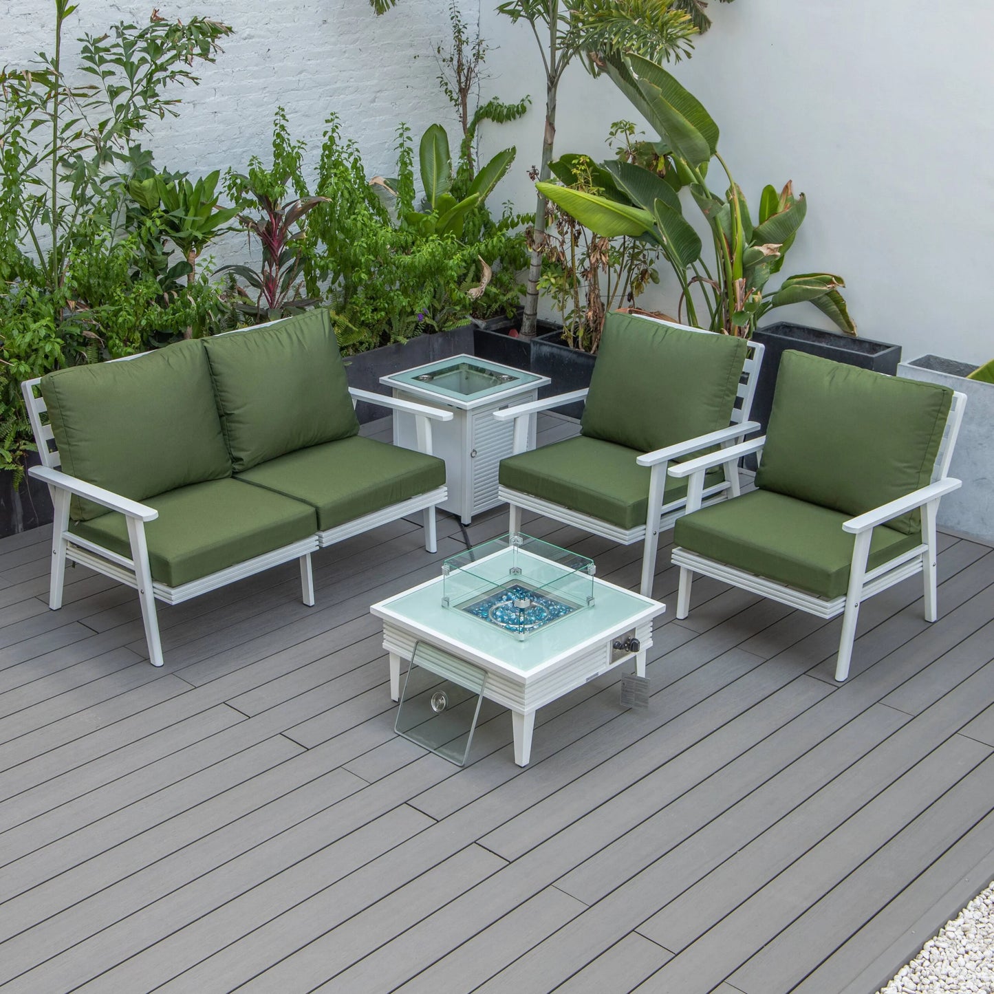 LeisureMod Walbrooke Modern Aluminum 5-Piece Patio Conversation Set with Outdoor Square Fire Pit Table with Slats Design & Side Table Tank Holder (Green)
