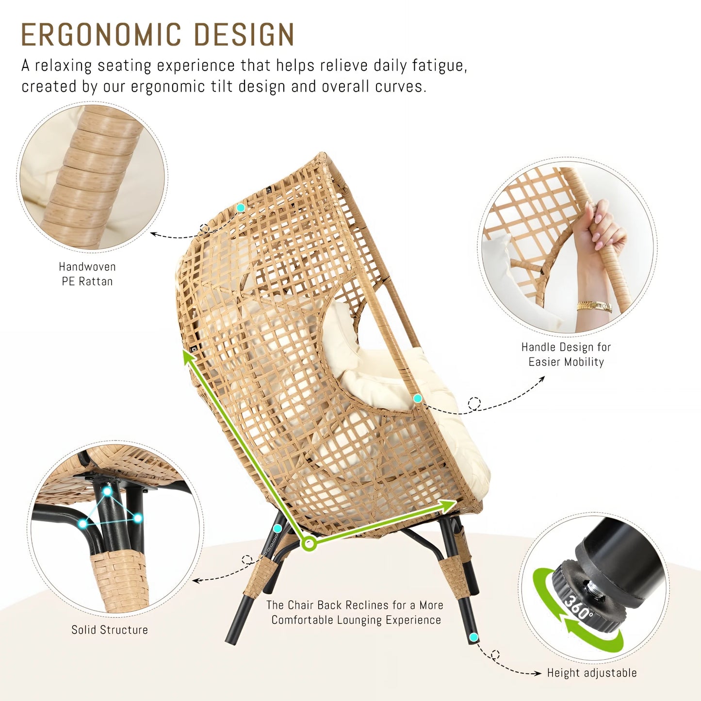 RADIATA 440 lbs Outdoor Egg Chair with Foot Rest & Ottoman, Wicker Patio Egg Chair for Indoor or Garden,Beige