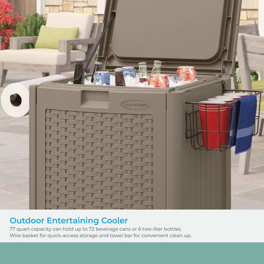 Suncast Wicker Outdoor Patio Cooler Cart with Cabinet, Java Brown