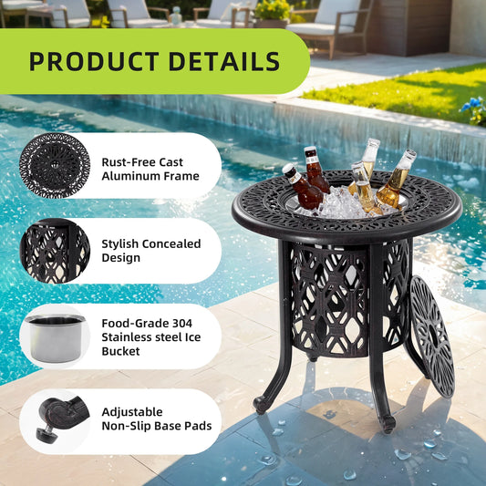 Yoneston 21" Cast Aluminum Round Patio Table with Removable Ice Bucket, Rustproof Outdoor Patio Bar Table for Patio, Balcony, Garden, Poolside, Black