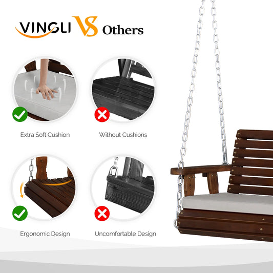 VINGLI Rustic Patio Swing, 5 FT, Adults, Wooden Frame, Porch Swing with Cushions, Chains, Rustic