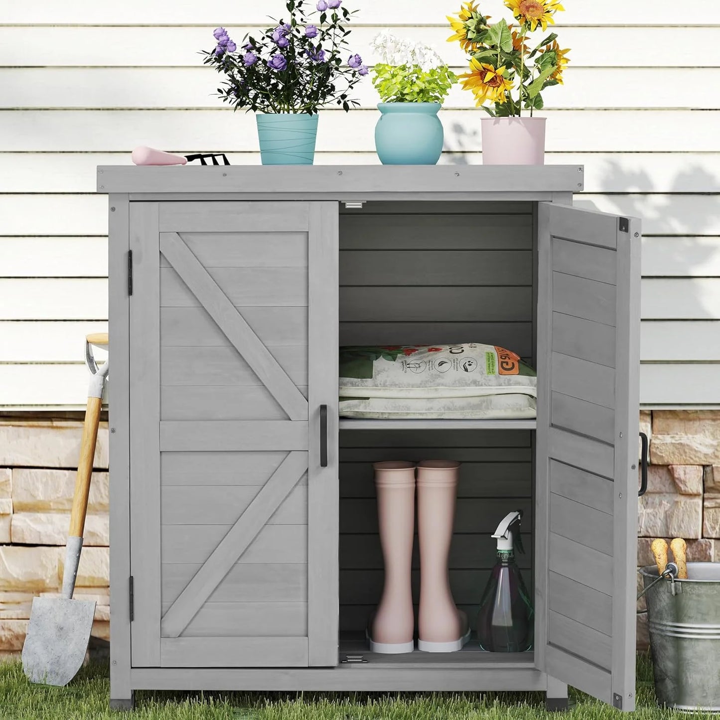 DEXS Potting Bench with Storage Cabinet and Metal Top, Wood Workstation for Outdoor Patio, Garden (31x17x36?)Coffee Brown