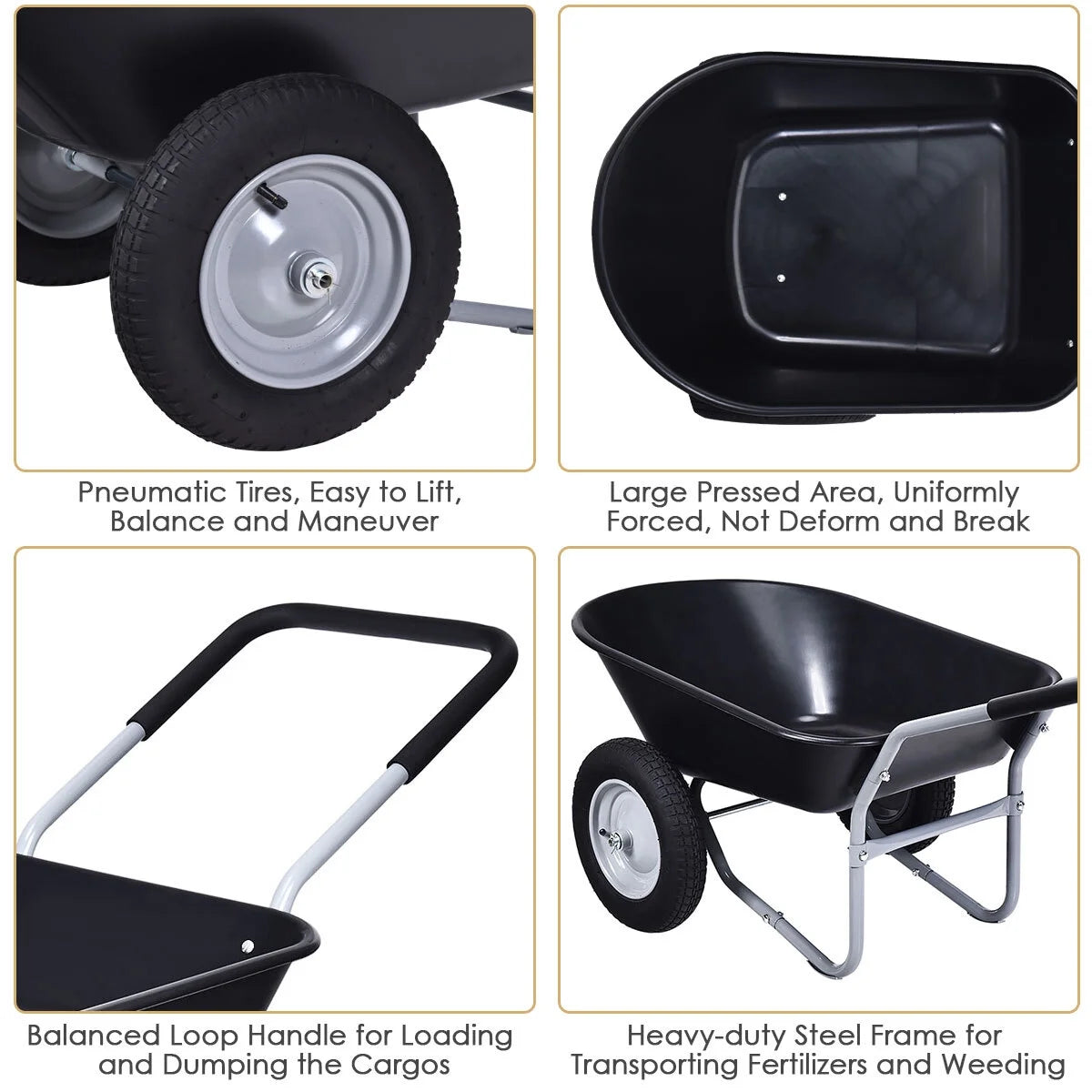 JWRWEF 2-Tire Wheelbarrow Garden Cart, Heavy-Duty Steel Frame & PP Tub, 330 lbs Capacity, Dual Pneumatic Tires Utility Dolly for Lawn, Farm, Patio, and Warehouse - Black