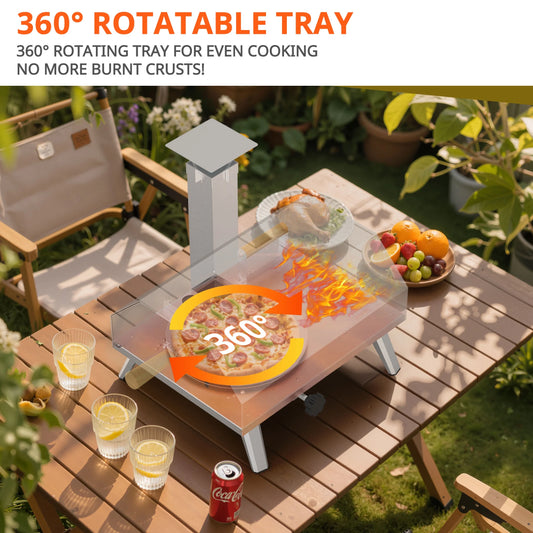 Enyopro 12" Portable Stainless Steel Pizza Oven, Wood Fired Pizza Maker with 360° Rotating Stone, Ash Tray, Thermometer and Foldable Legs, Pizza Cutter for Home, Patio and Camping