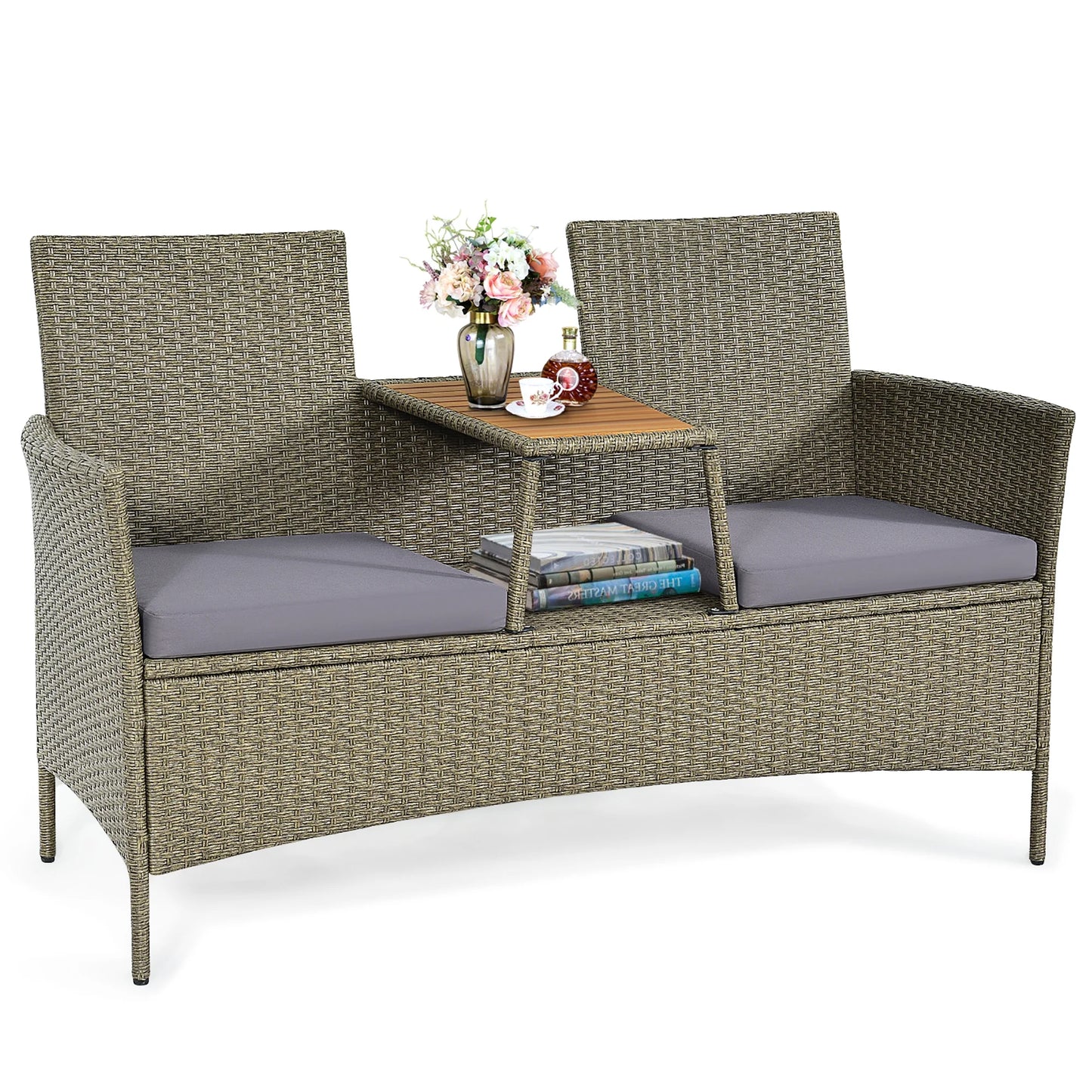 Costway 2-Person Patio Rattan Conversation Furniture Set Loveseat Coffee Table