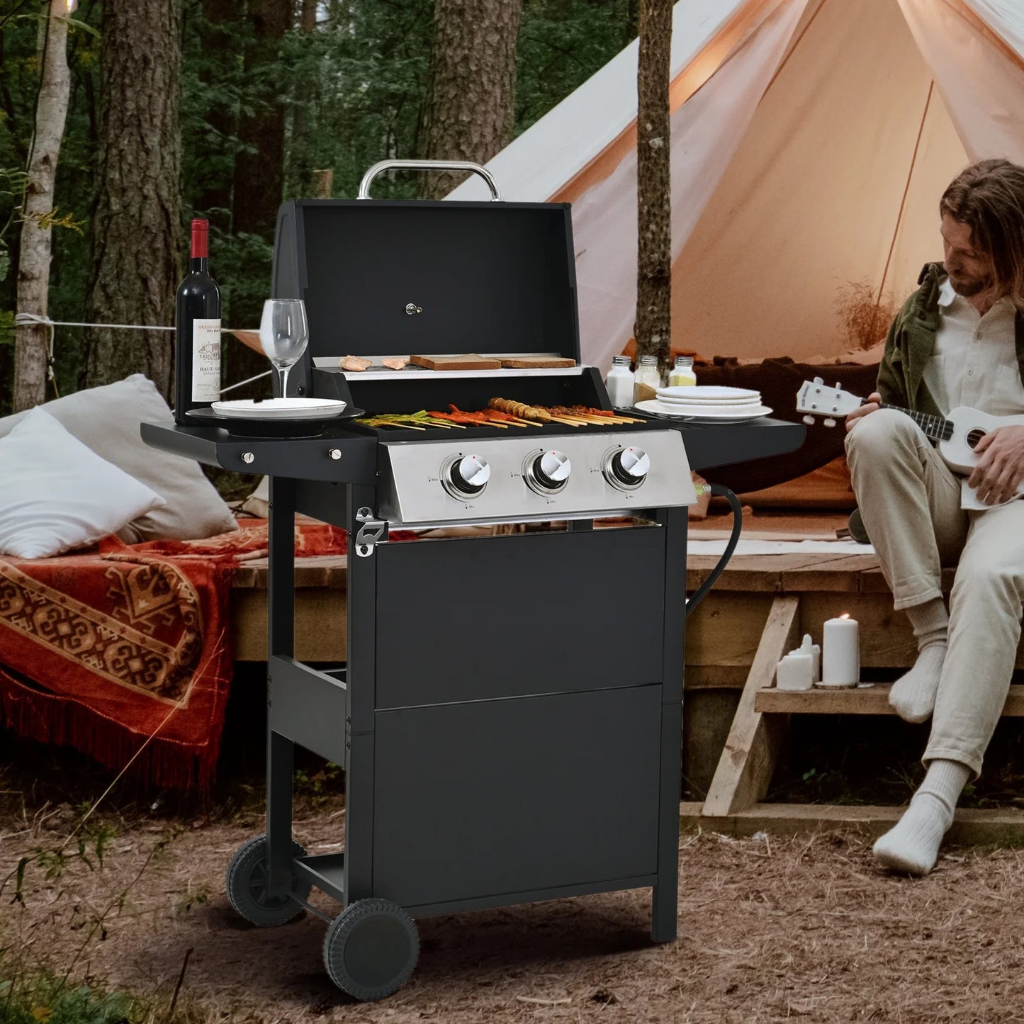 Qiushi 3-Burner Propane Gas Grill, 26,000 BTU Stainless Steel BBQ Grill with 2 Shelves & Thermometer, Outdoor Patio Grill with Electronic Ignition, Wheels & Bottle Opener – Durable & Even Heating