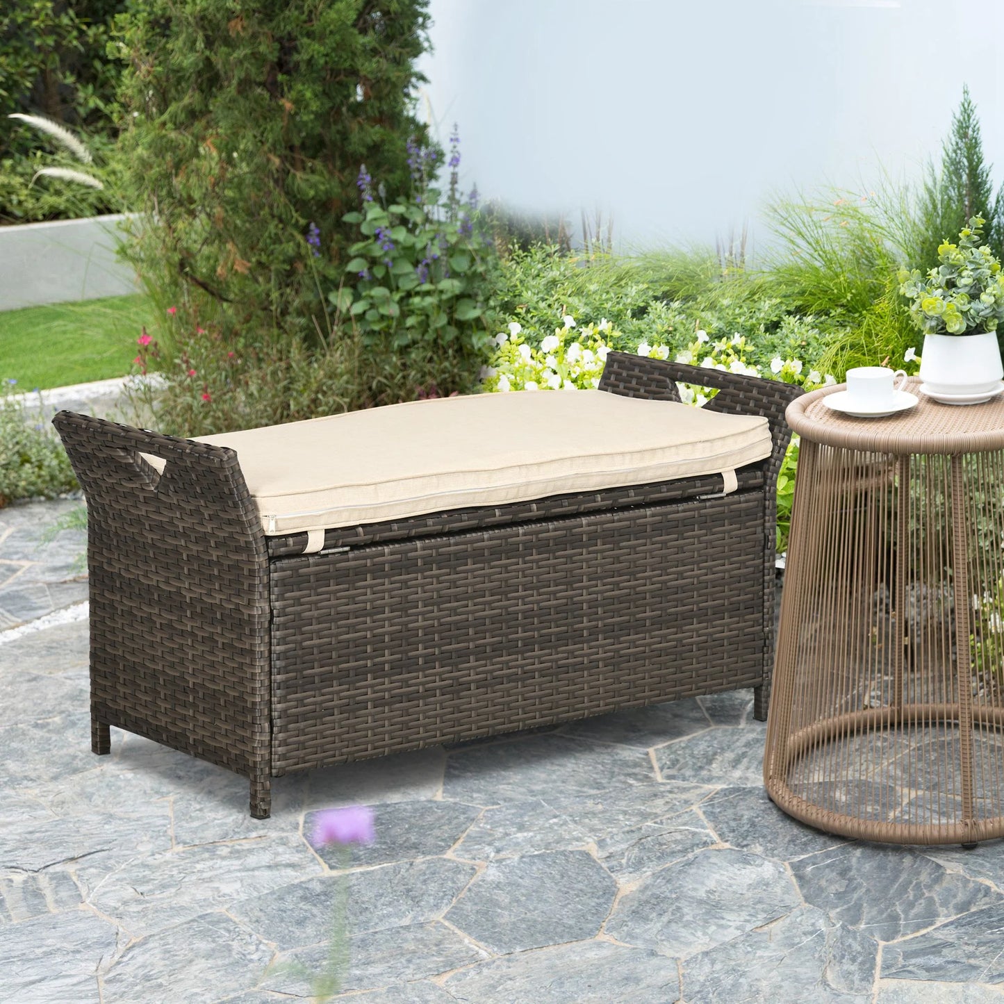 DUOSONG Outsunny 27 Gallon Patio Wicker Storage Bench, Outdoor Pe Rattan Patio Furniture, 2-In-1 Large Capacity Rectangle Garden Storage Box With Handles And Cushion, Cream White Brown+White Steel