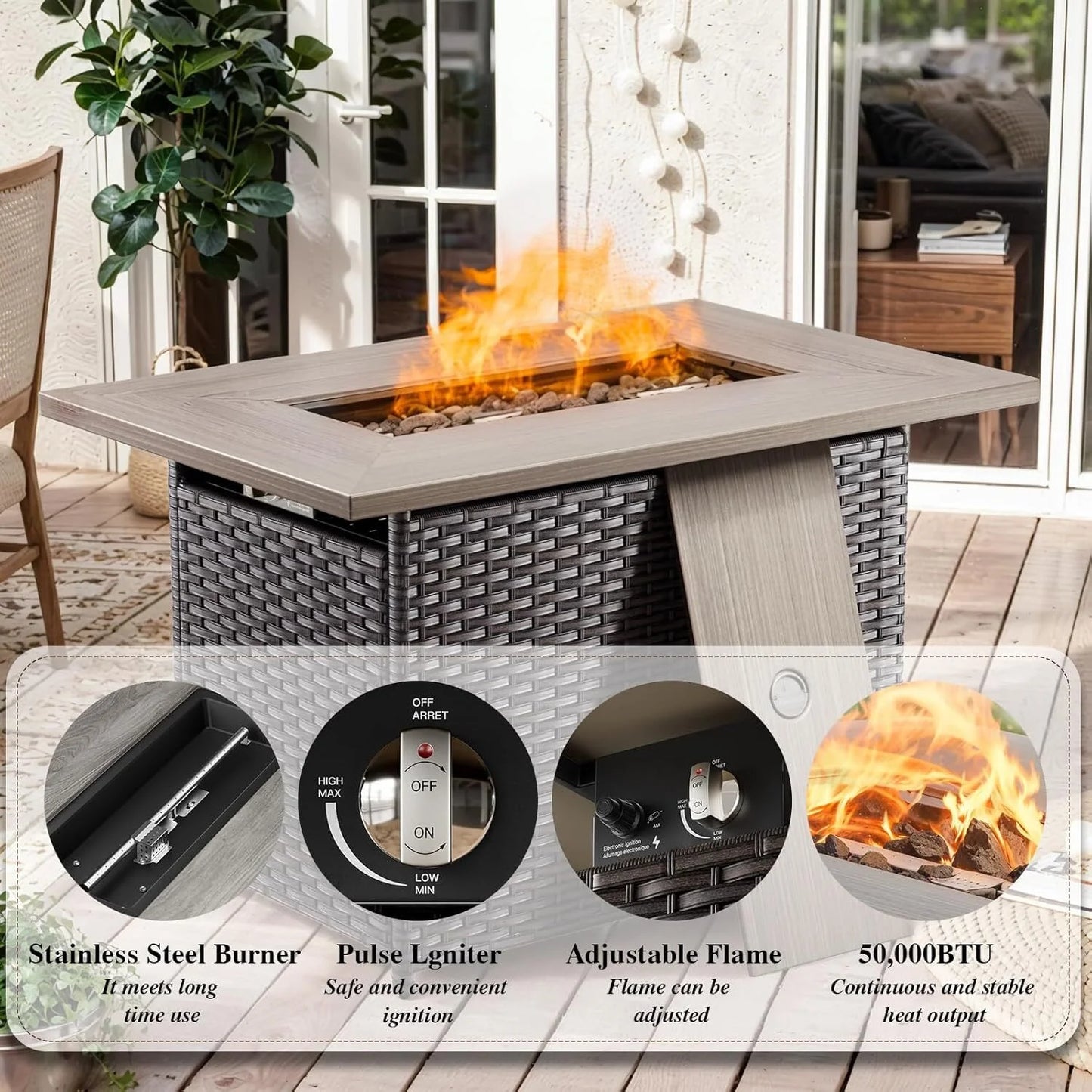 Bellefurn Outdoor Patio Furniture Set with Fire Pit and Swivel Rocker Chair,High-Back Wicker Outdoor Conversation Sets with 3 Seater Couch and Side Table Set for Porch,Deck,Garden