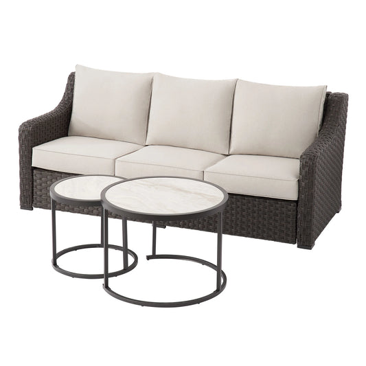 Better Homes & Gardens River Oaks Outdoor Sofa & 2 Nesting Tables with Patio Cover, Dark Brown