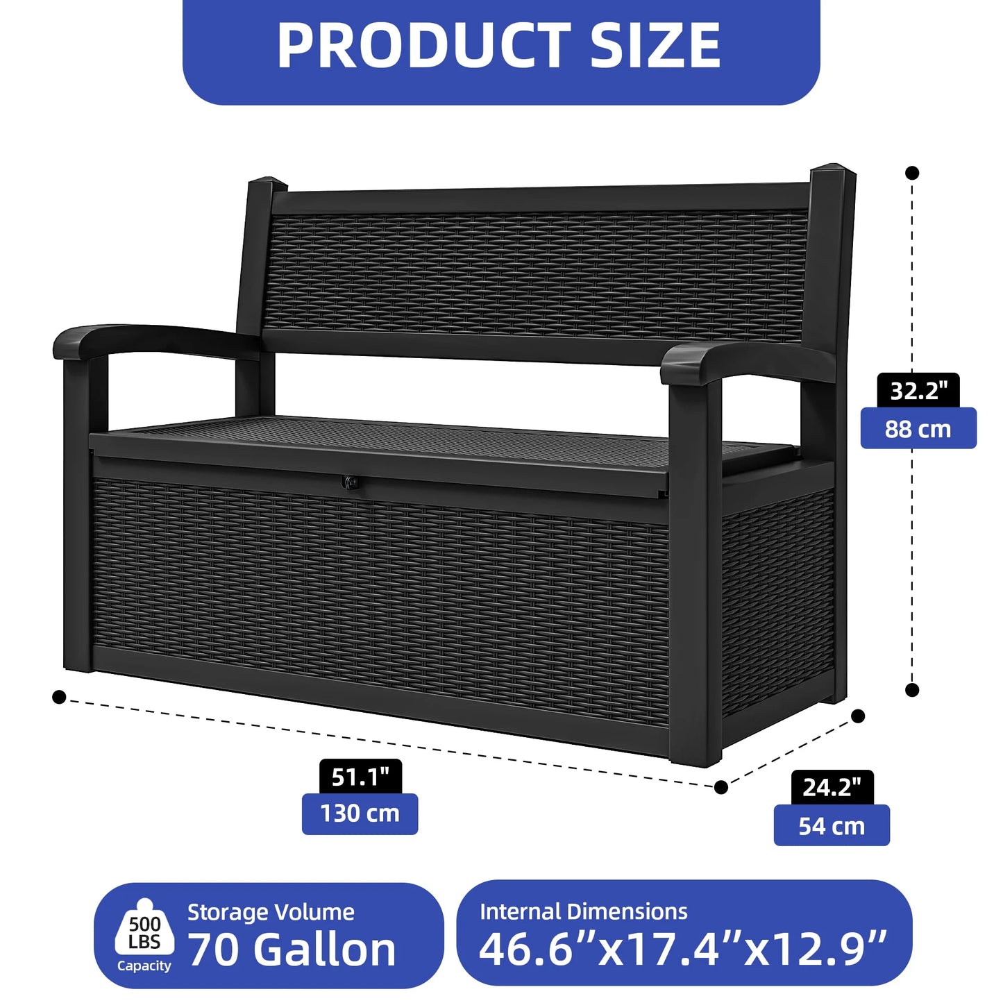 ModFusion 70-Gallon Outdoor Resin Storage Cabinet with Rattan Backrest - Waterproof Patio Bench Seat, 500 lbs Capacity, Black