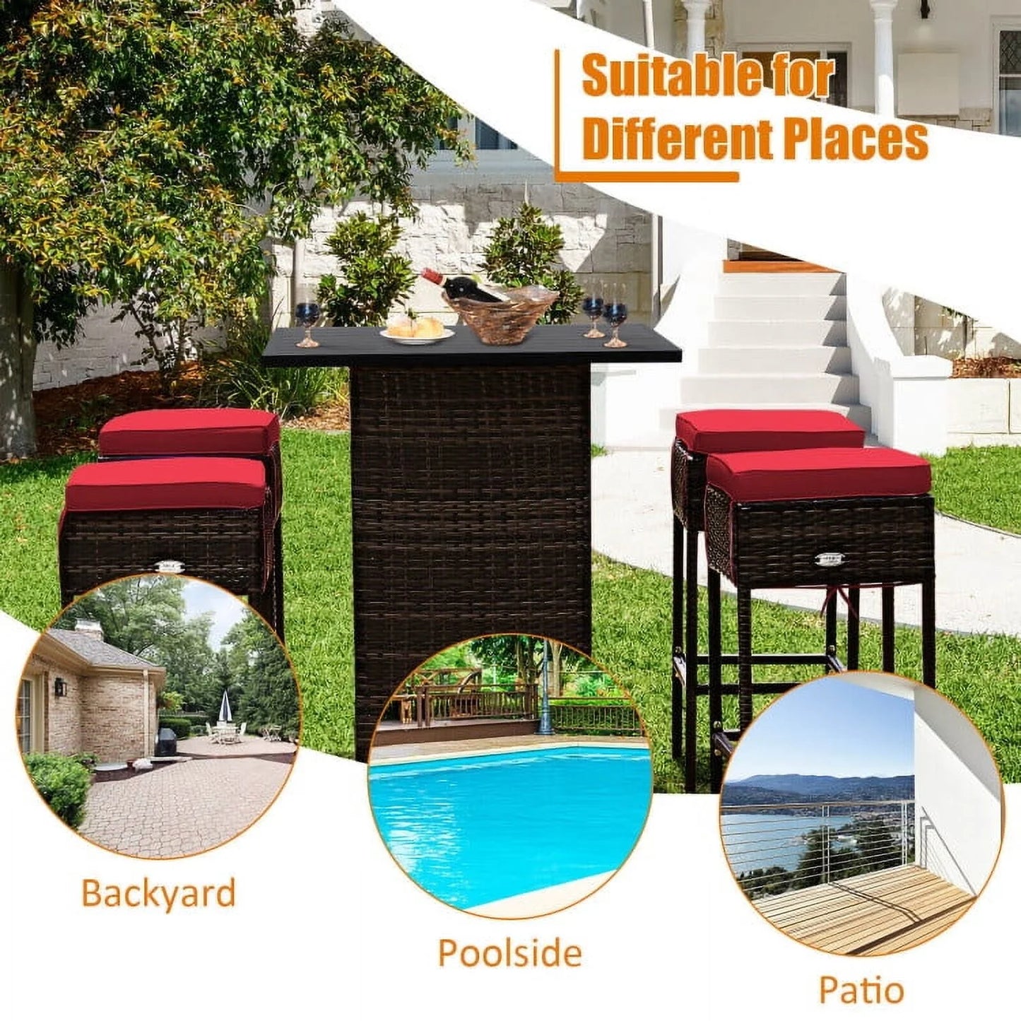 Aimee Lii 5 Pieces Patio Rattan Bar Table Stool Set Hidden Storage Shelf Cushioned, Outdoor Patio Furniture, Red
