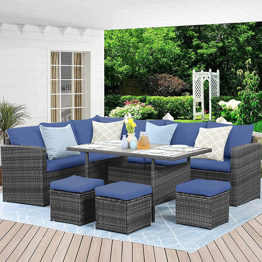 Superjoe 7 Pcs Outdoor Wicker Dining Set Patio Sectional Conversation Set with Table,Steel Frame,Ivory