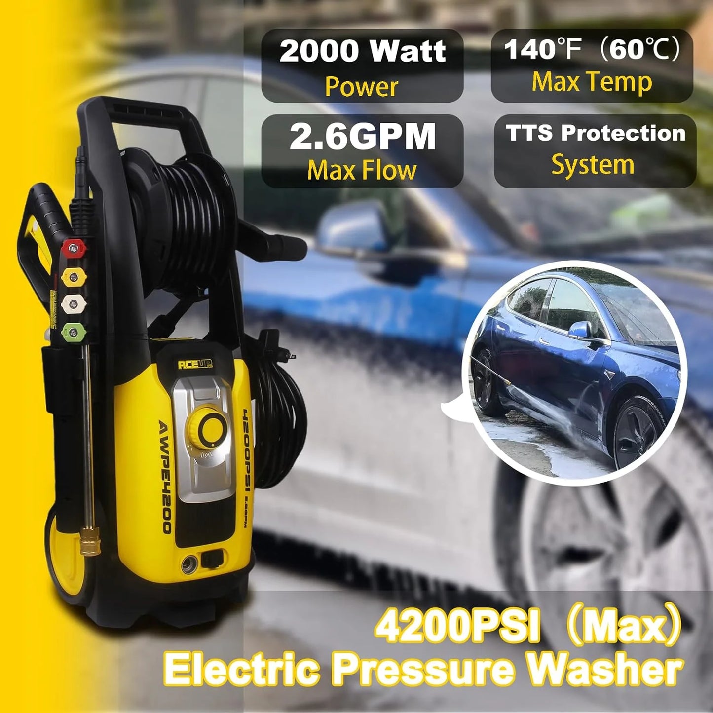 Aceup Energy 4000 PSI 2.6GPM Portable Electric Pressure Washer for Cars Fences Patios Driveways, Lightweight