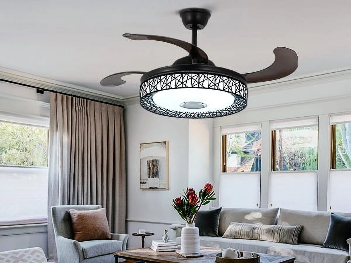 42" Black Nest Ceiling Fan with Color-Changing LEDs & Bluetooth Speaker - Retractable Smoked Blades, 5000 CFM Quiet Motor, APP/Remote Control for Living Room/Patio