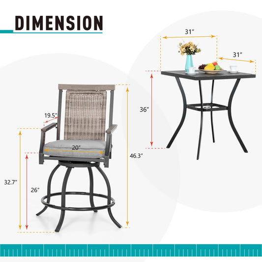 Sophia & William 3 Pieces Patio Outdoor Bar Stools Bistro Set Rattan Wicker Chairs & Square Metal Table Furniture Set