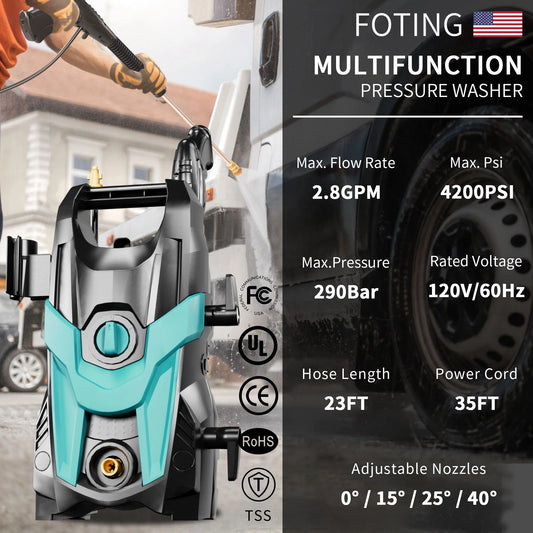 FOTING Upgraded Electric Pressure Washer 4200 PSI 2.8 GPM Power Washer with Extra Hose, 23ft Hose 35ft Power Cord, 4 Nozzle and Detergent Tank for Cars, Fences, Patio