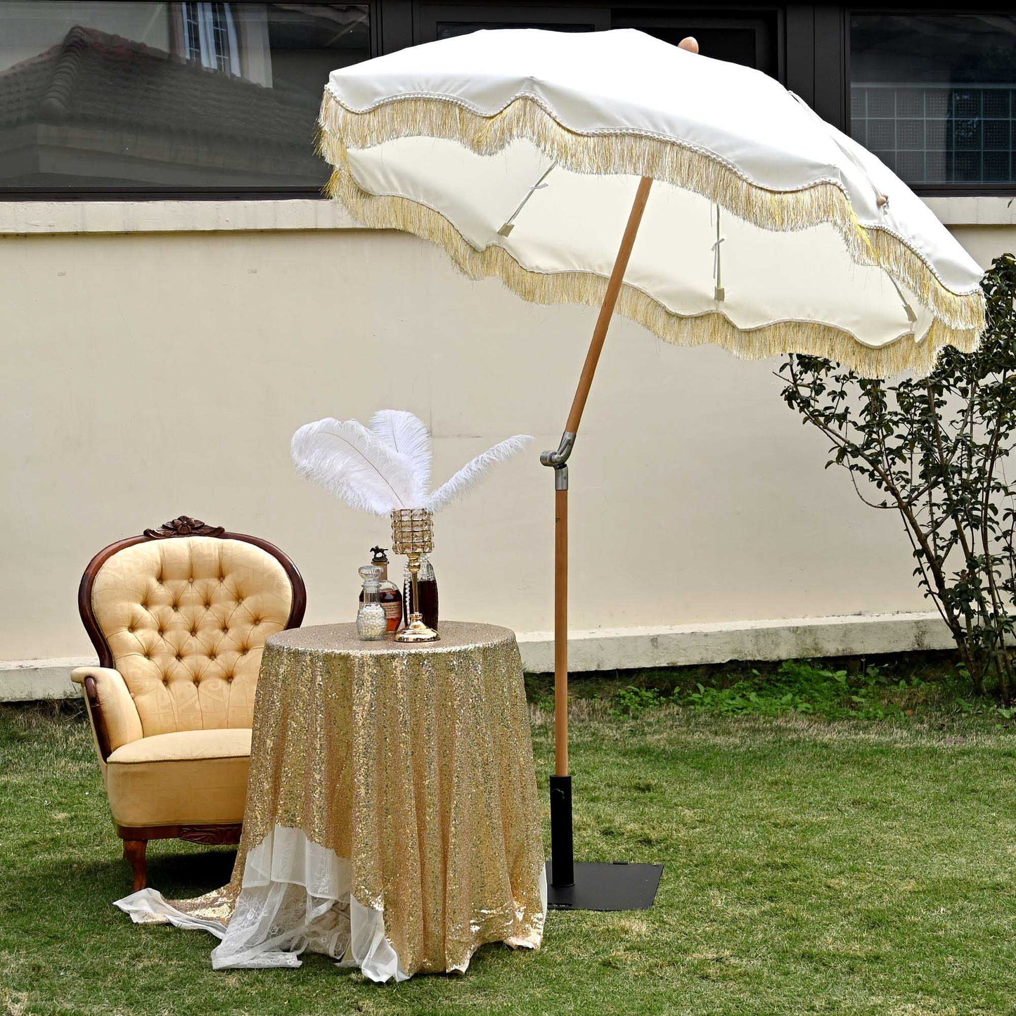 LAGarden 6 Ft Fringe Patio Umbrella with Tassel Jazz Age Wood UPF50+ for Outdoor, Beige with gold tassel,Model: JZ6-01
