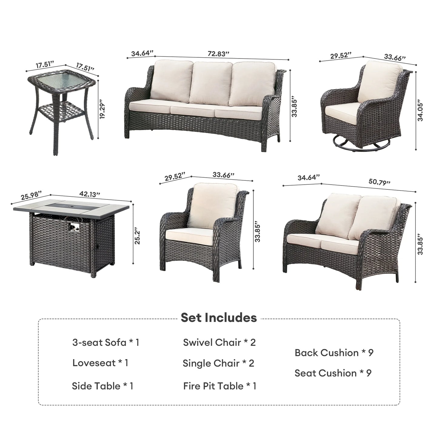 Vcatnet 8 Pieces Outdoor Patio Furniture Sectional Sofa All-weather Conversation Set with Swivel Rocking Chairs and Fire Pit Table for Garden,Poolside,Gray