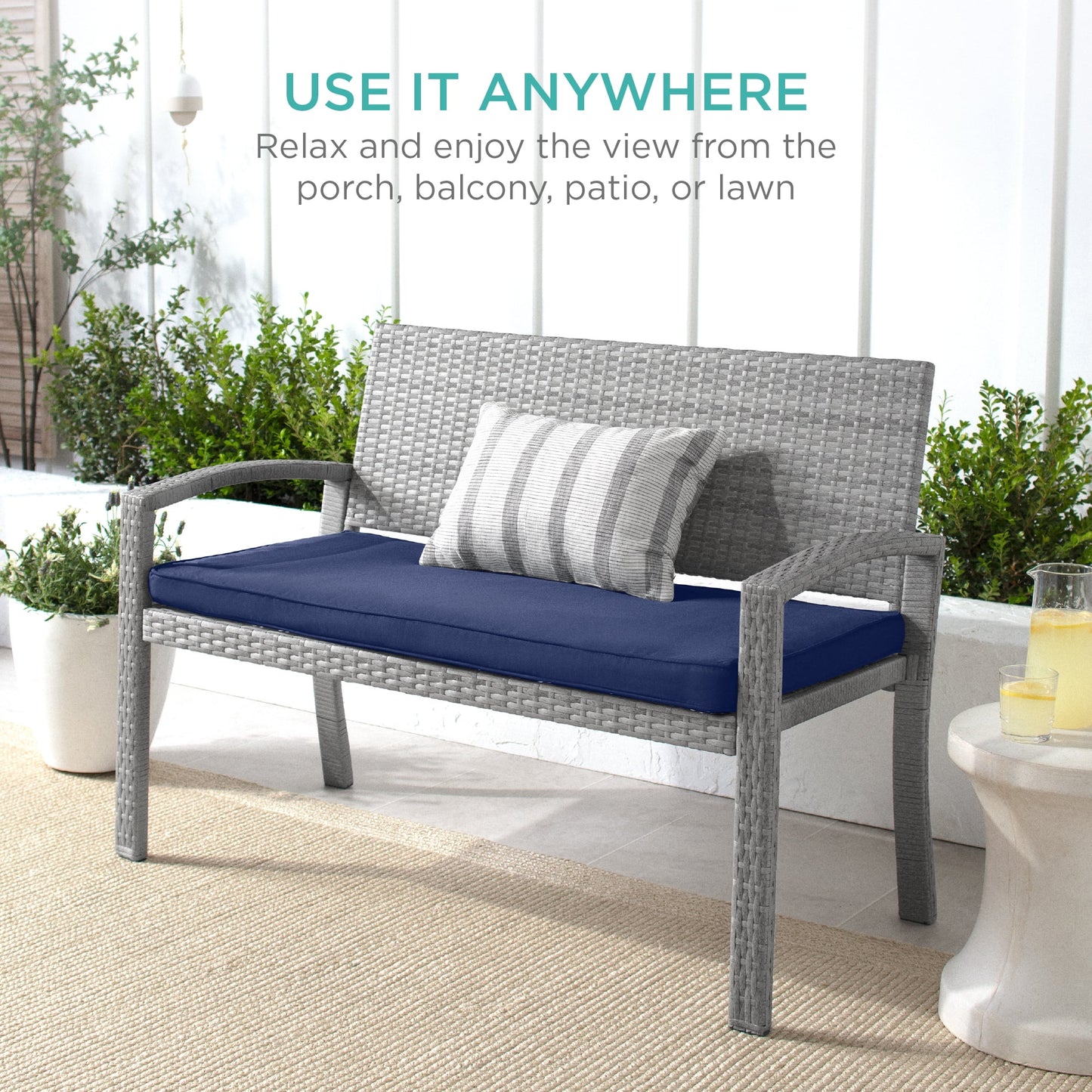 Best Choice Products 2-Person Outdoor Wicker Bench Garden Patio Porch Furniture w/700lb Capacity - Gray/Navy