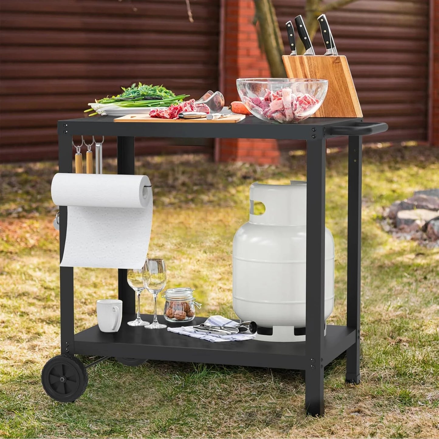 32x20IN Double-Shelve Grill Table, Stainless Steel Outdoor Grill Cart for Blackstone Griddle, Movable Pizza Oven Table for Outside Patio, Kitchen Cooking Food Prep Table for Party