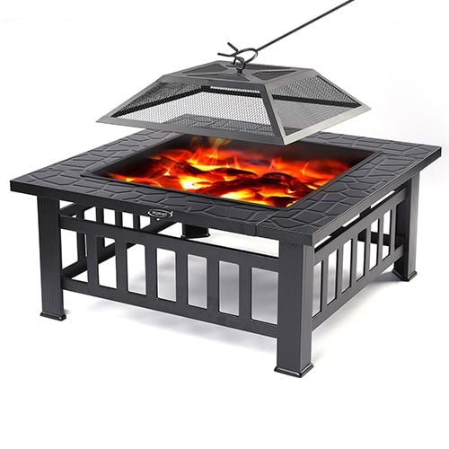 32" Square Fire Pit for Outside, Outdoor Wood Burning Metal Fire Pit with Spark Screen & Poker, Multifunctional Heater/Grill/Ice Pit for Backyard Patio Garden BBQ Grill, Black, S7039